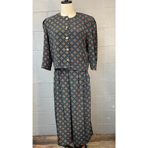 Vintage 80s Gaucho Palazzo Pants 2 Piece Suit Geometric Novelty Print Med SZ 10